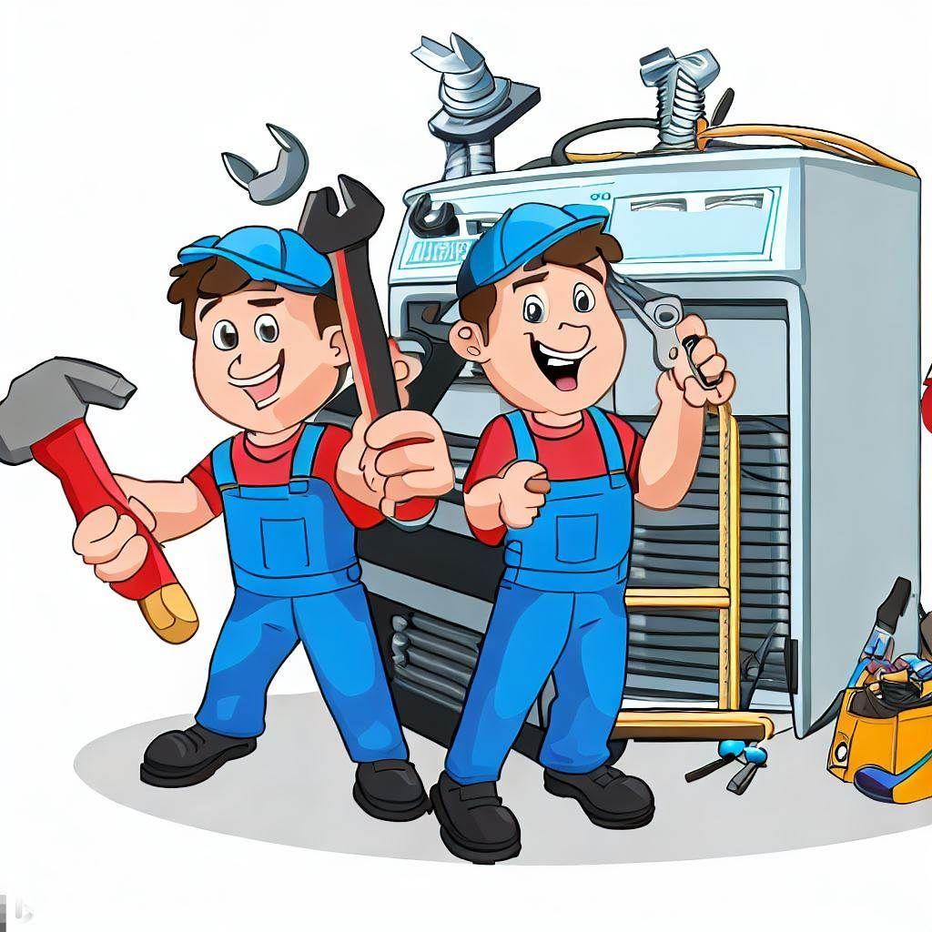 Cartoon mechanics with tools in front of a furnace, wearing blue caps and overalls.